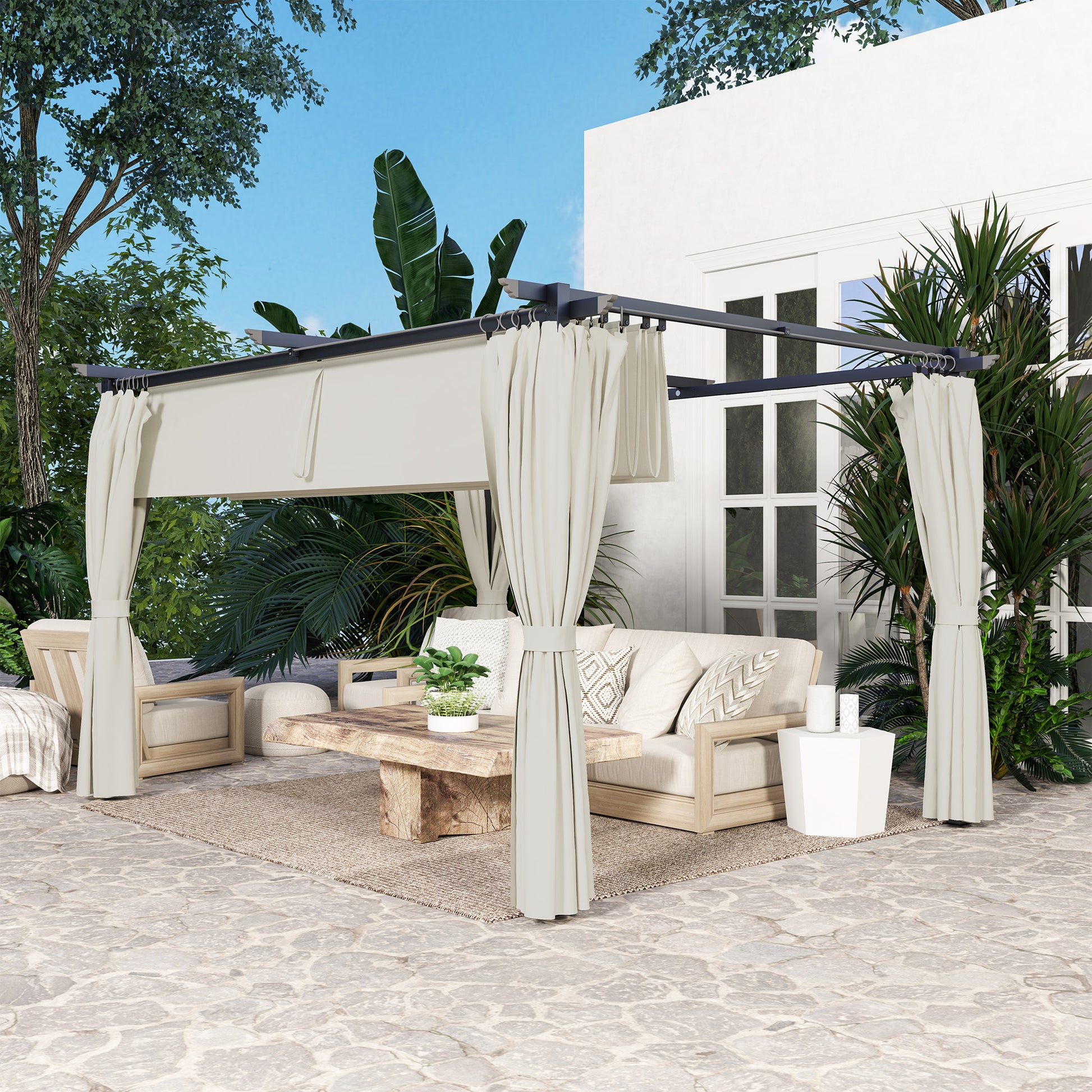 Outsunny Pérgola Con Techo Retráctil 4x3 M Paredes Laterales Anti-uv Crema_4