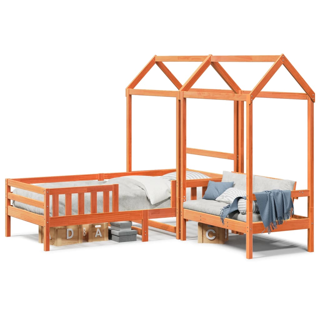 Set De Cama Y Banco Con Techo Madera De Pino Marrón 90x190 Cm_0