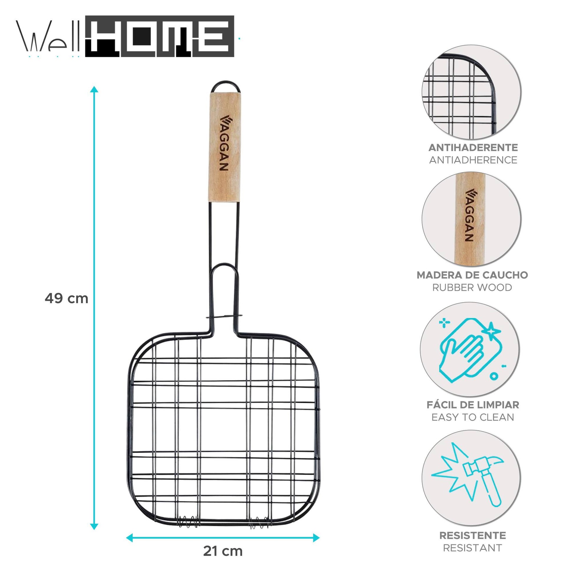 Well Home - Parrilla Grill Mango Madera Y Antiadherente 21x21cm_1