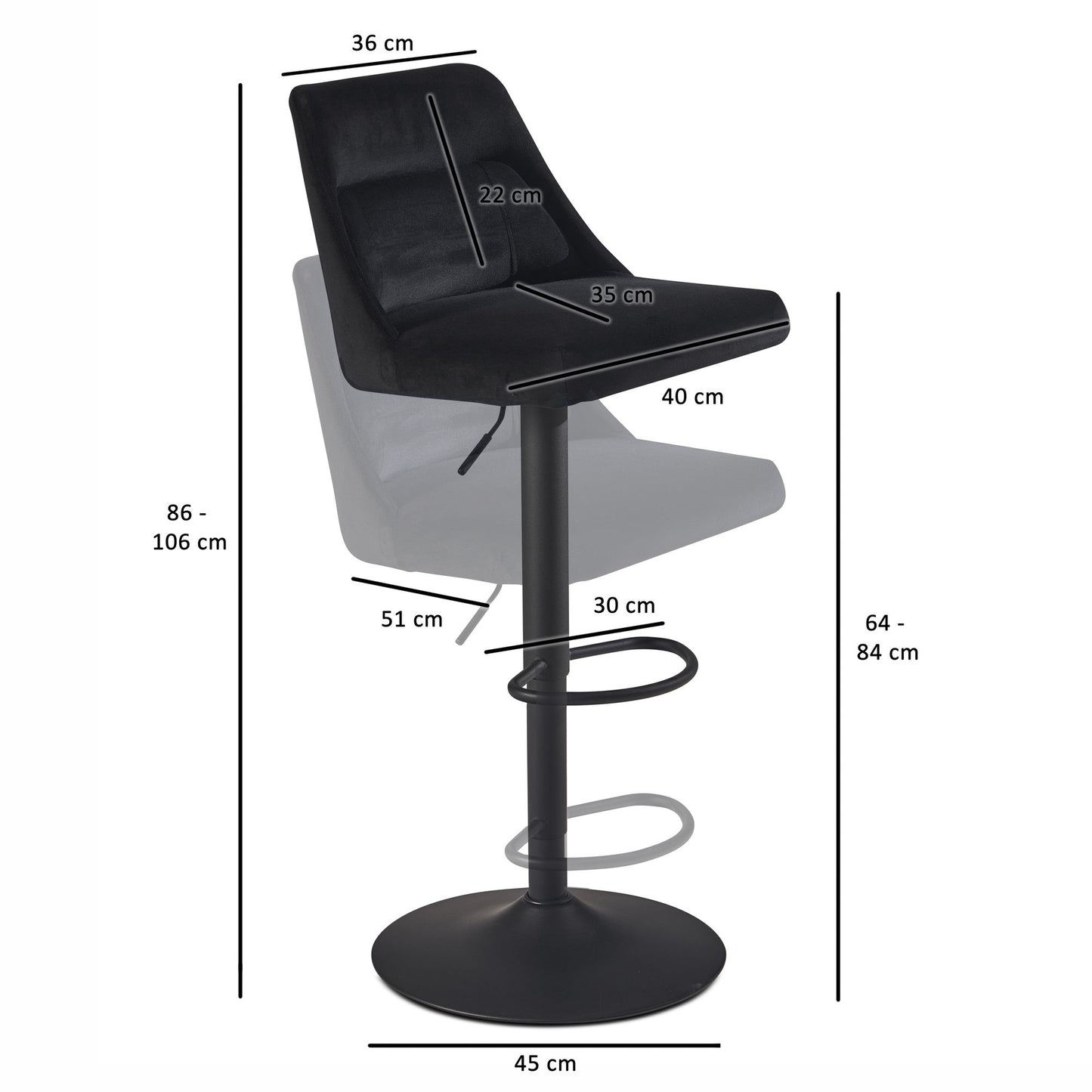 Taburete De Bar, Terciopelo Negro Con Respaldo 86 - 106 Cm_3