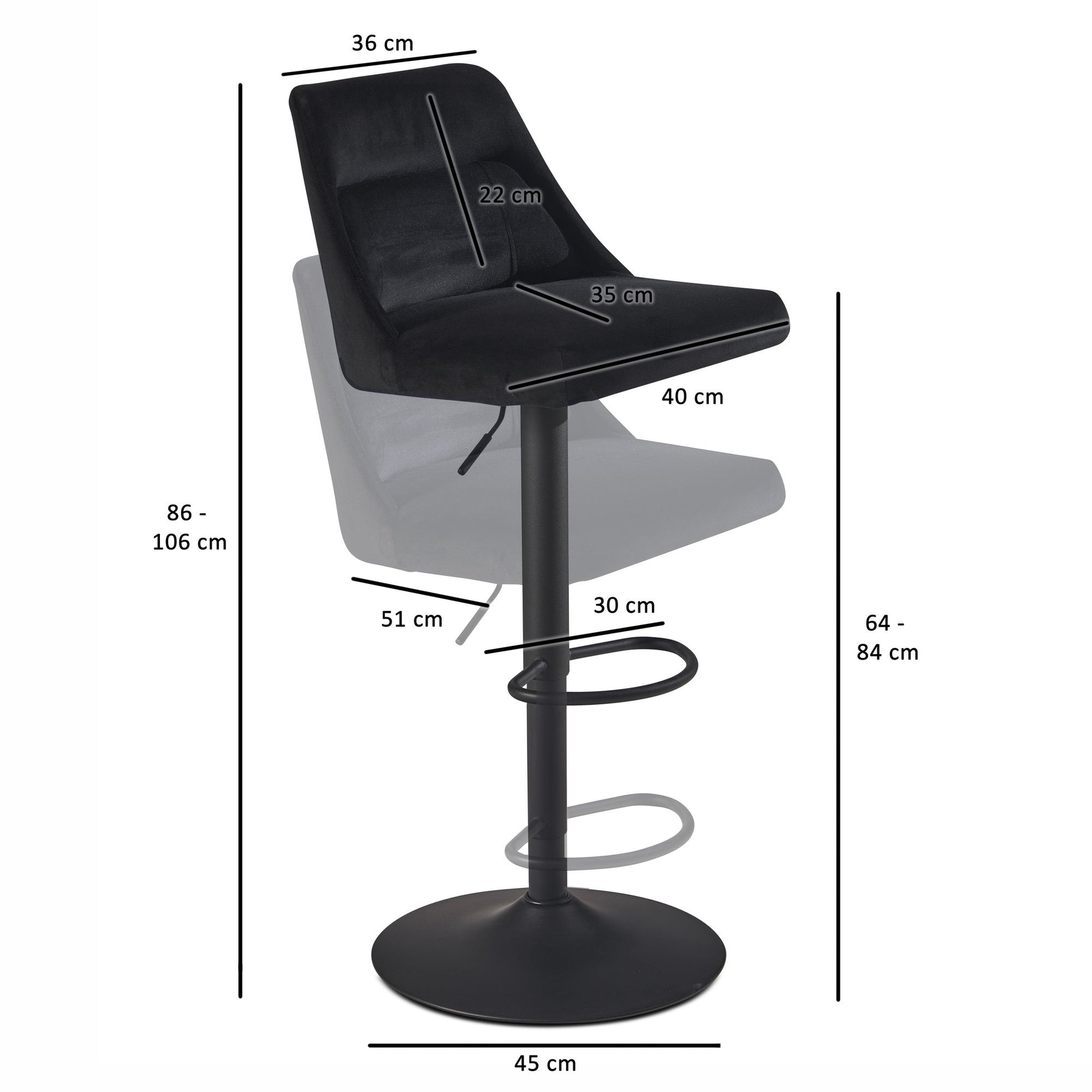 Taburete De Bar, Terciopelo Negro Con Respaldo 86 - 106 Cm_3