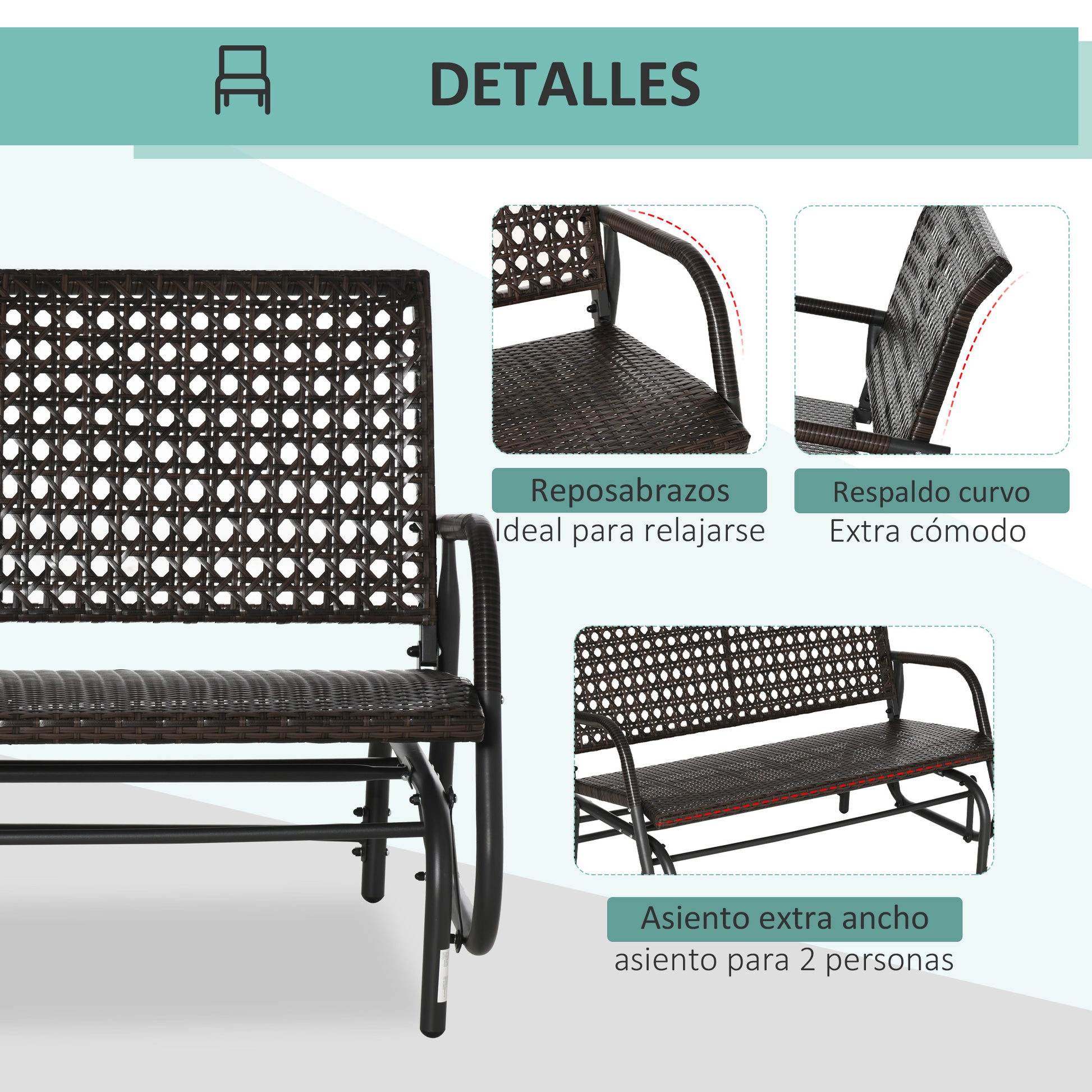 Outsunny Mecedora De Ratán De 2 Plazas Para Jardín Marco De Metal Marrón_5