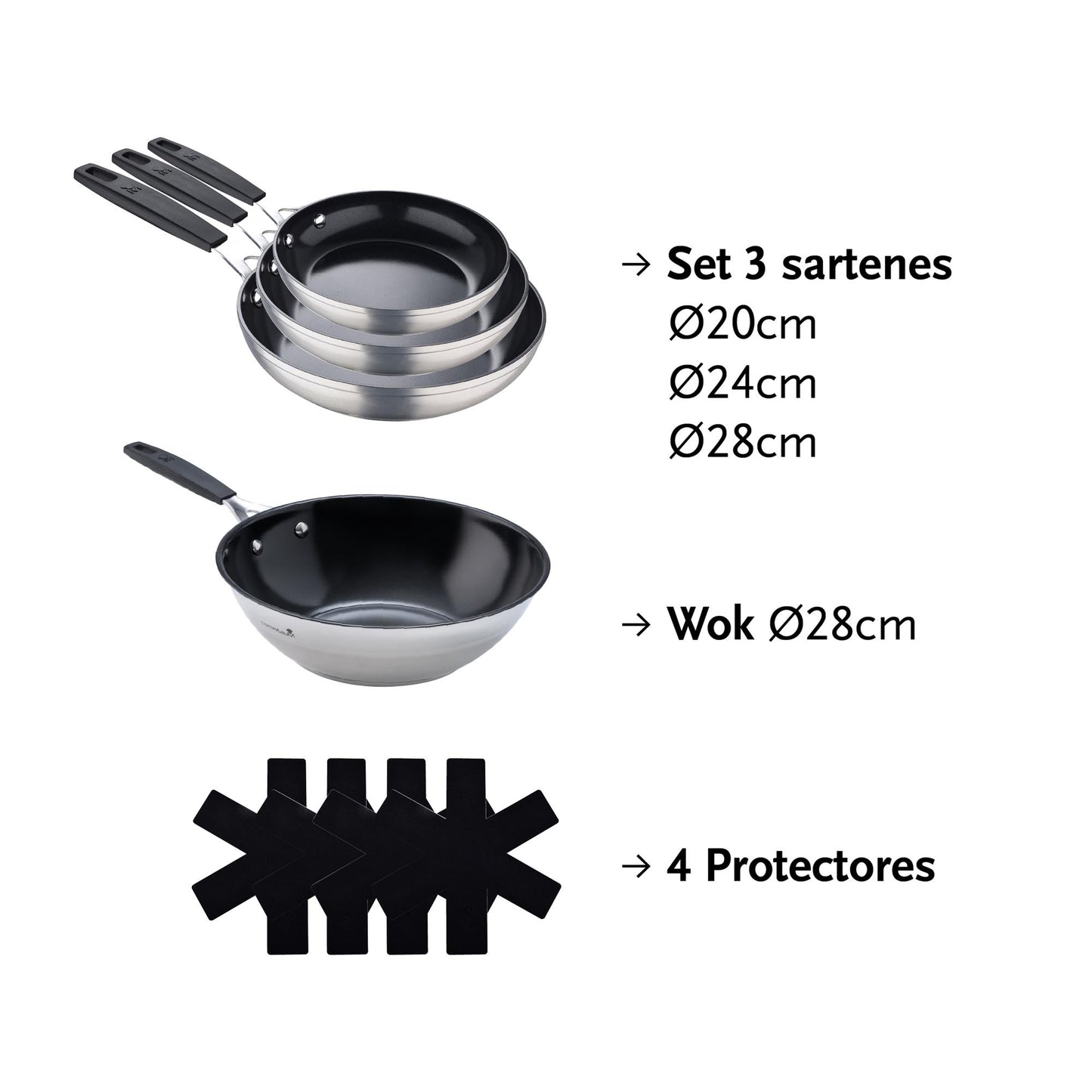 Juego De 3 Sartenes Ø20ø24ø28cm Y Wok Ø28cm En Aluminio Forjado + 4 Protectores Smart Masterpro_1