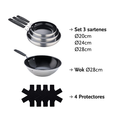 Juego De 3 Sartenes Ø20ø24ø28cm Y Wok Ø28cm En Aluminio Forjado + 4 Protectores Smart Masterpro_1