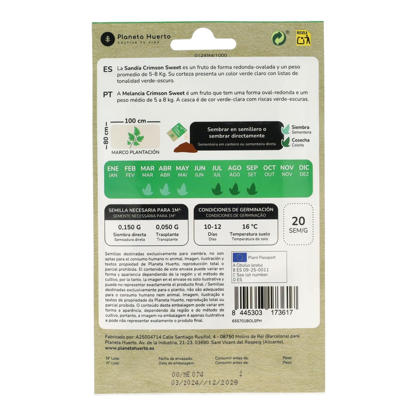 Sementes de melancia orgânicas Crimson Sweet da Planeta Huerto