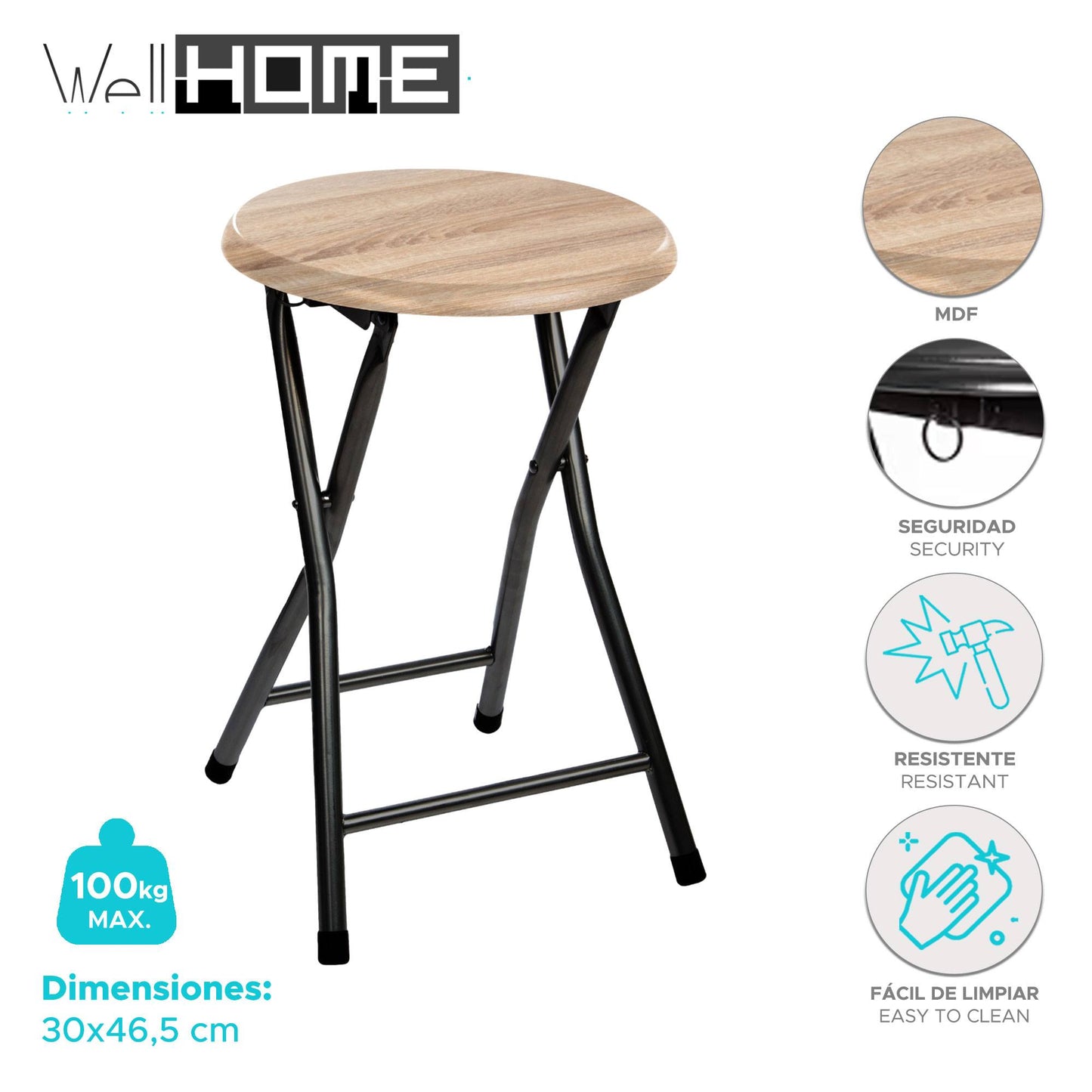 Well Home - Taburete Plegable En Panel De Madera Mdf Ø30x46,5cm_1
