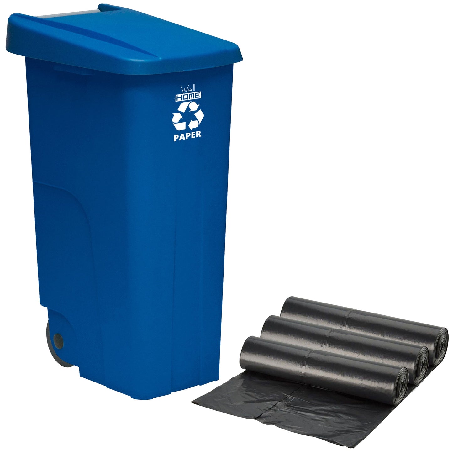 Contenedor Wellhome Reciclo 110 Litros, Cerrado Con Tapa, Ideal Para Reciclaje De Papel Y Cartón, Con Ruedas + 3x Bolsas De Basura De 10 Unidades_0