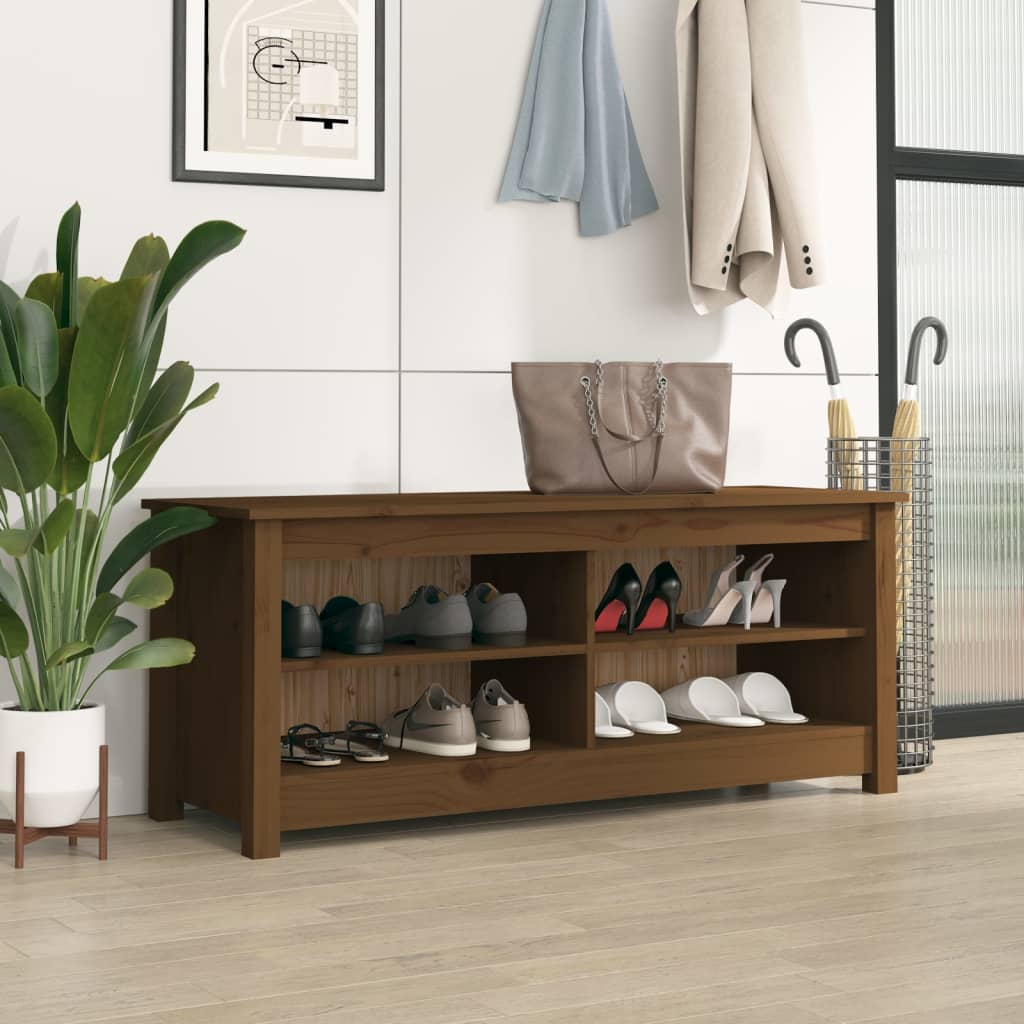 Banco Zapatero Madera Maciza De Pino Marrón Miel 110x38x45,5 Cm / Vetonek_5