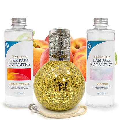 Pack Ahorro Lámpara Catalítica Mosaico Dorado + Fragancia Peach Velvet 500ml + Limpiador Neutro 200ml + Mecha Repuesto_0