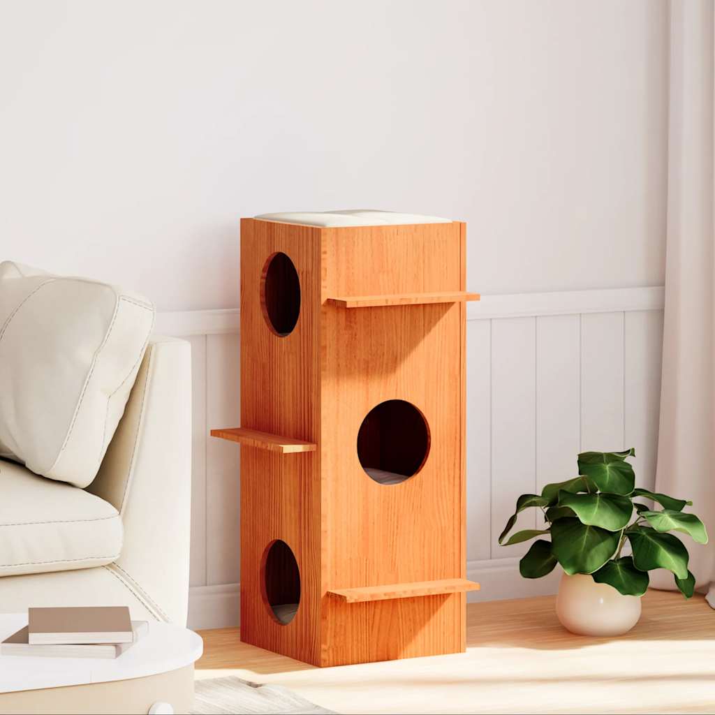 Casa Para Gatos Cera Marrón 43x43x90 Cm Madera Maciza Pino_0