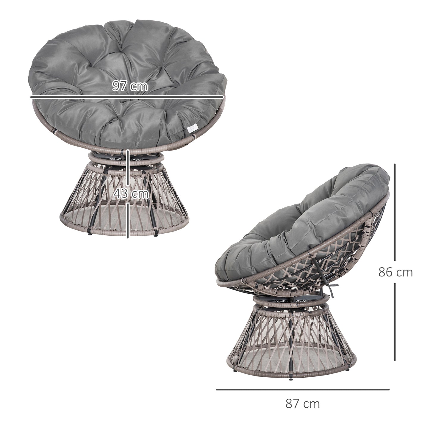 Outsunny Silla Giratoria 360° De Ratán Sintético Con Cojín 87x97x86 Cm Gris_2