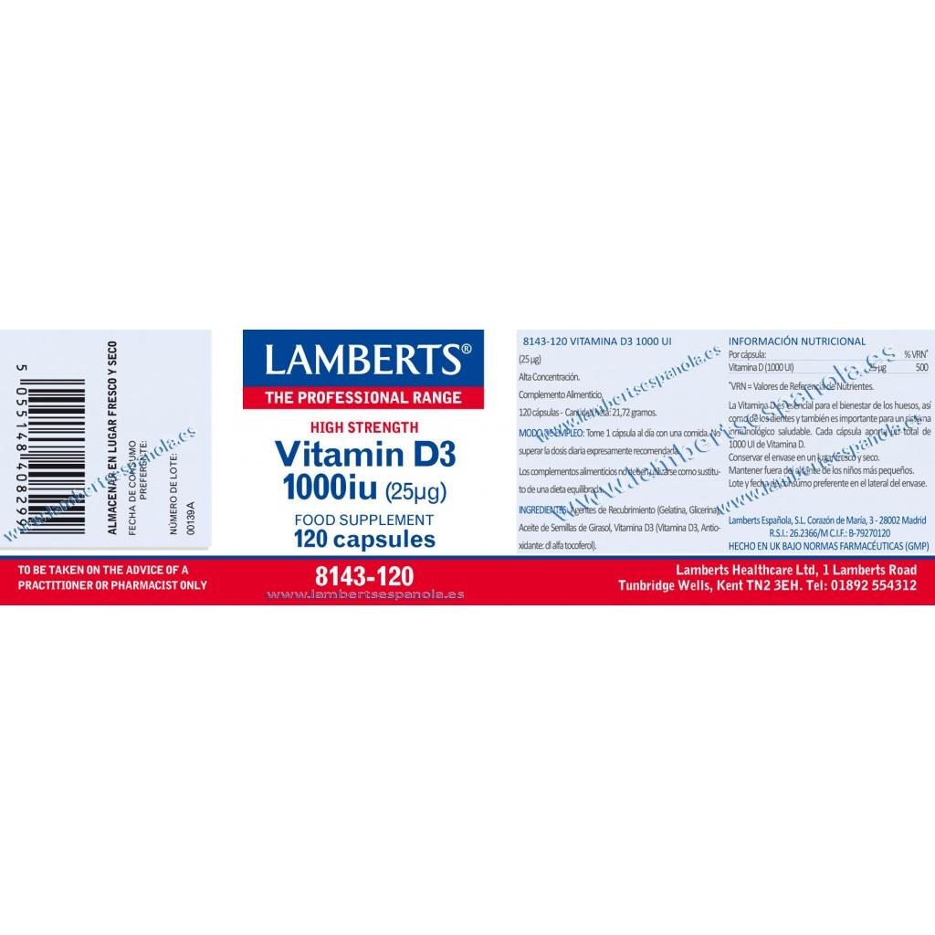 Vitamina D3 1000 UI (25 µg) Lamberts, 120 cápsulas