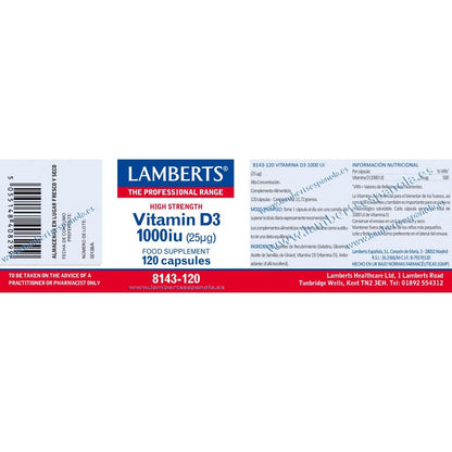 Vitamina D3 1000 UI (25 µg) Lamberts, 120 cápsulas