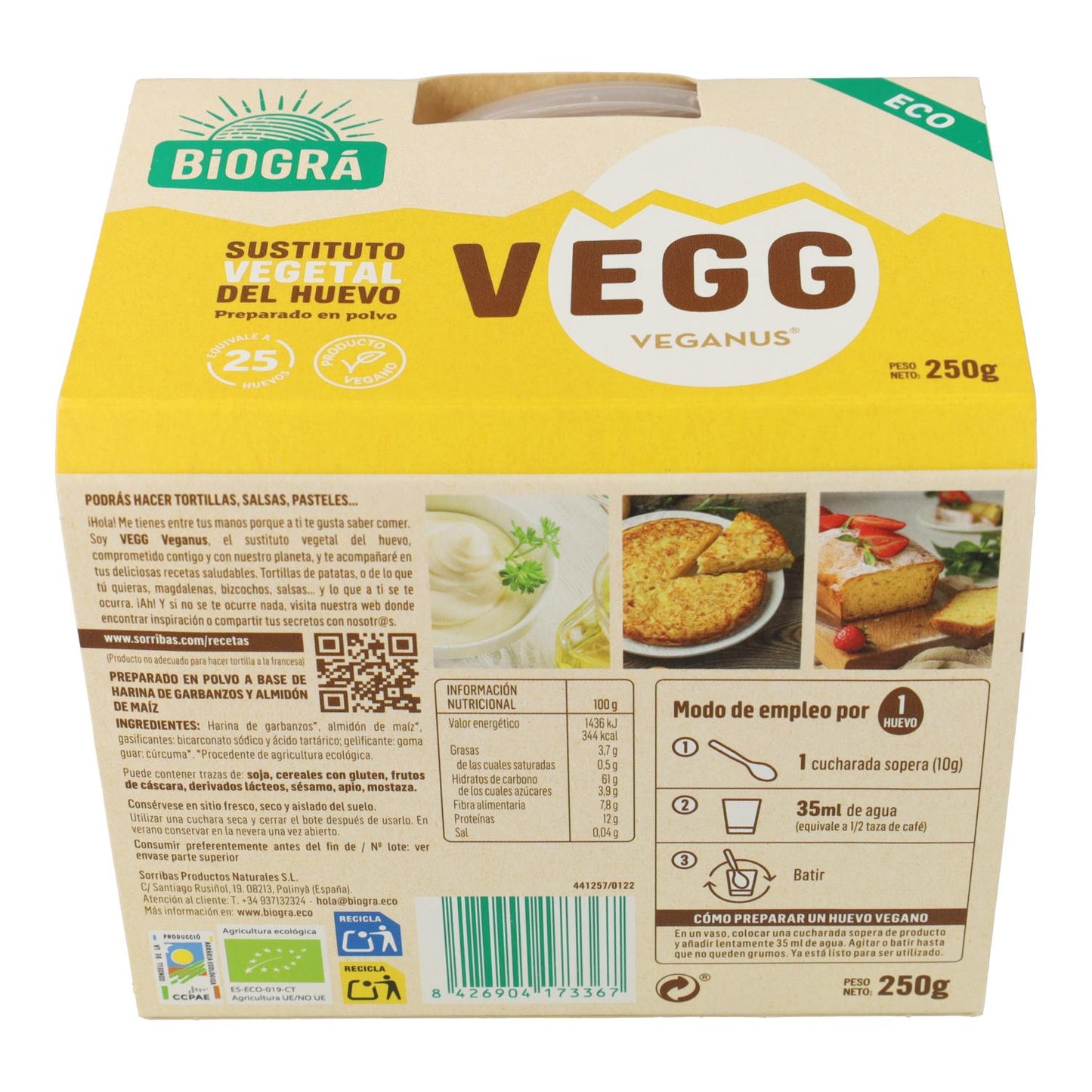 Vegg, substituto de ovo vegetal biológico, Biográ 250 gr