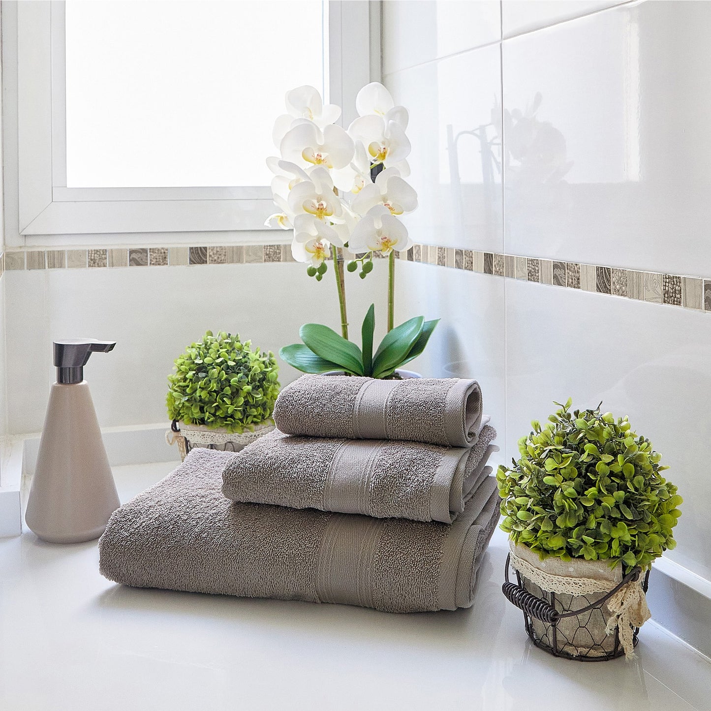 Juego De 8 Toallas De Baño: 4 Toallas De Cortesía 30x50 ; 2 Toallas De Lavabo 50x90 ; 2 Toallas De Ducha 70x140cm 450 Gr/m2 100% Algodón Topo_4