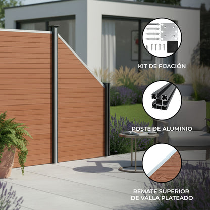 Vallas Para Exteriores De Wpc Y Aluminio - 1x Panel Oblicuo + 1x Poste | Marrón_1