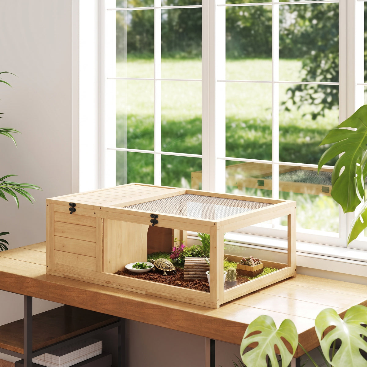 Pawhut Casa Para Tortugas De Madera Con Techo De Malla 91x60,5x32 Cm Natural_1