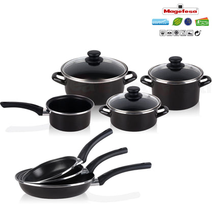 Bateria De Cocina 7 Piezas + Set Juego 3 Sartenes 18-20-24cm, Acero Vitrificado 820ºc, Libre Pfoa Magefesa Kenia, Negro_1