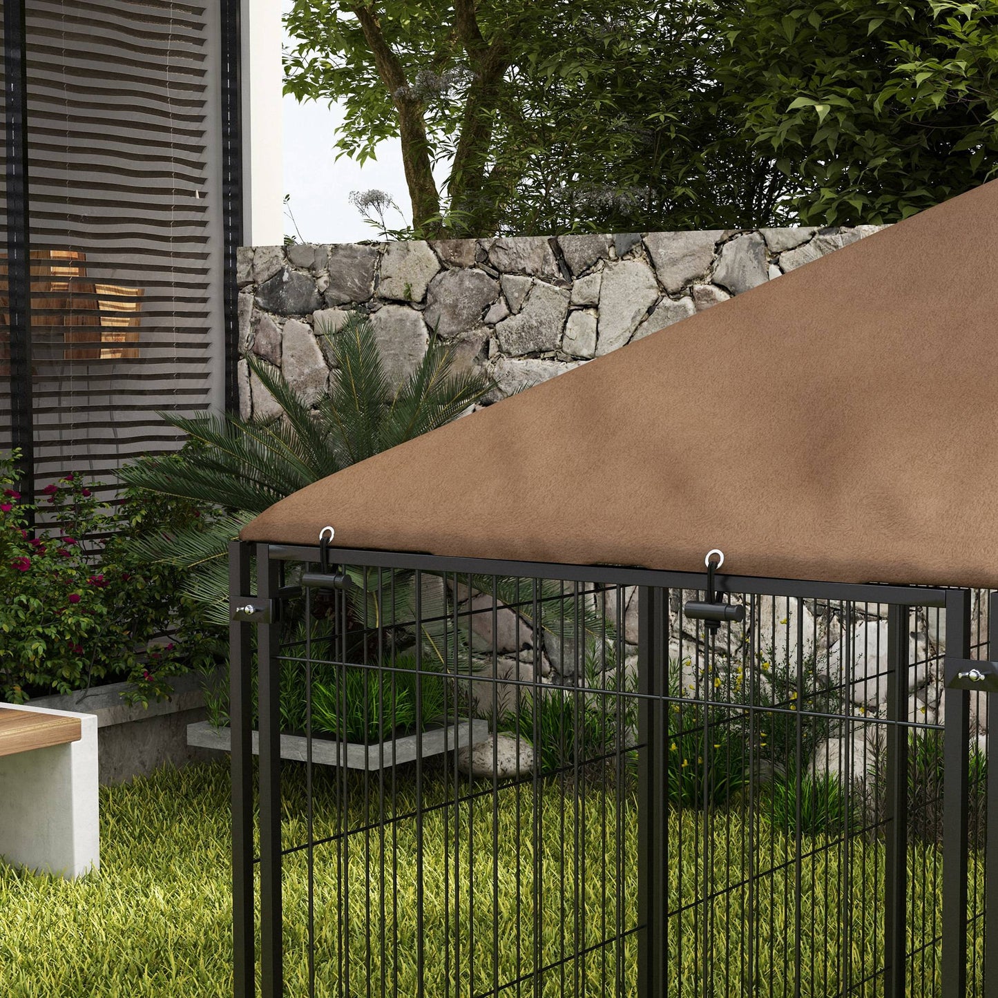 Pawhut Perrera Con Toldo Y 2 Cuencos Para Exterior 211x141x151 Cm Negro_4