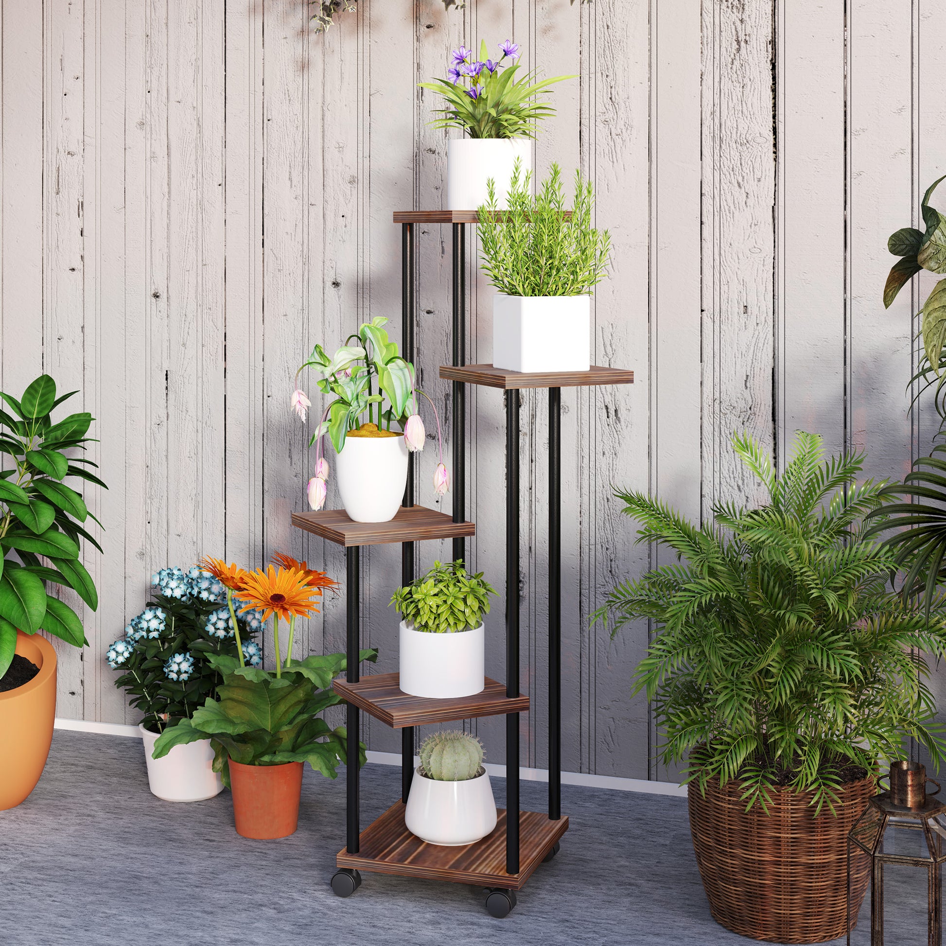 Outsunny Estantería Para Plantas De 5 Niveles De Madera 59x59x110 Cm Carbonizado_3
