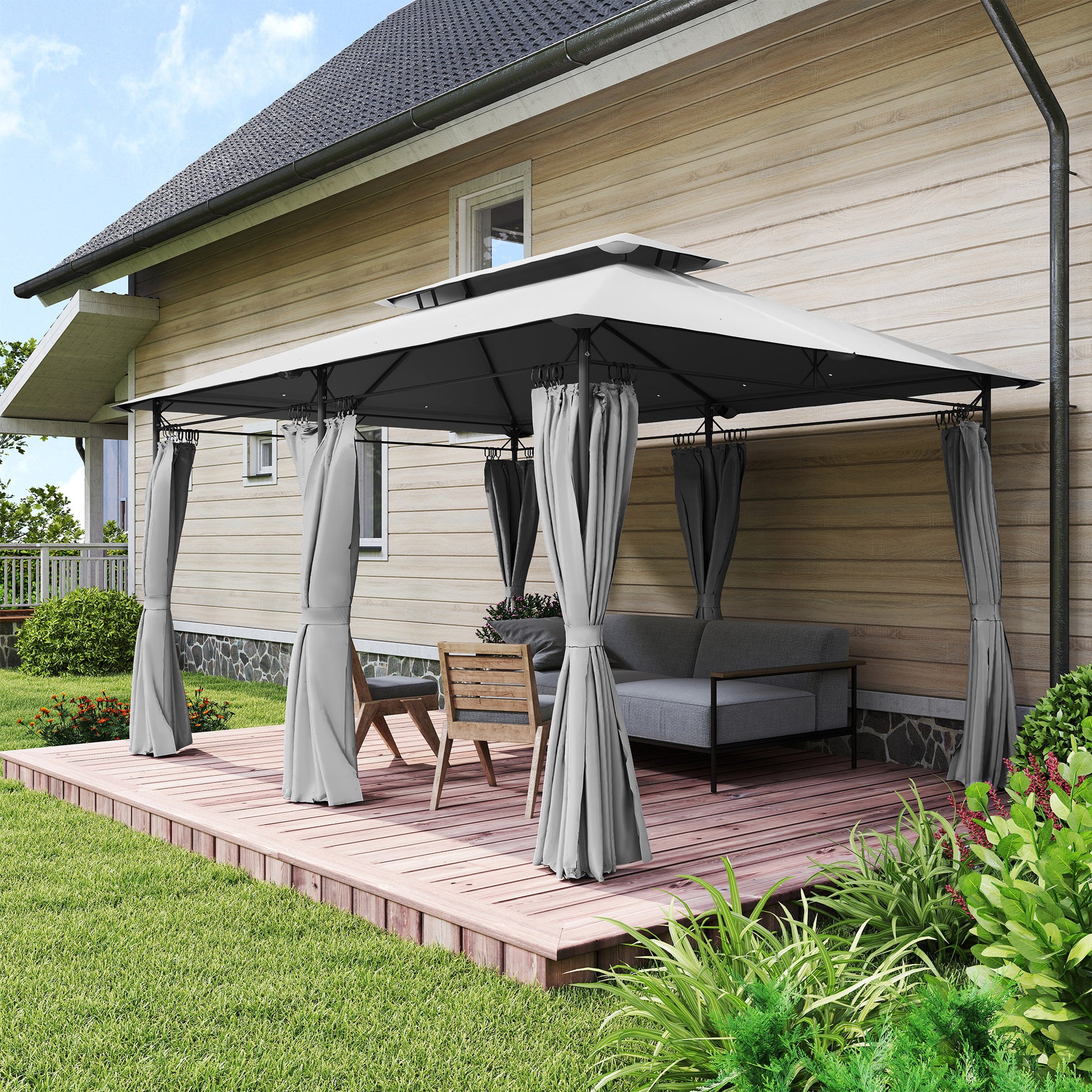 Outsunny Cenador Para Jardín 4x3 M Con Doble Techo Paredes Laterales Gris Oscuro_3