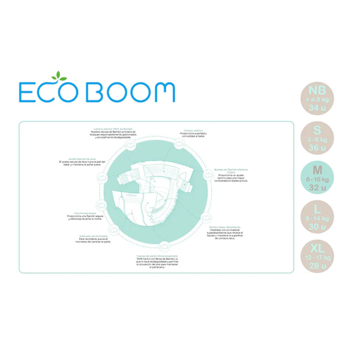 Fralda de Bambu Pure Premium ECO BOOM T3 (6 a 10 kg) 32 unidades
