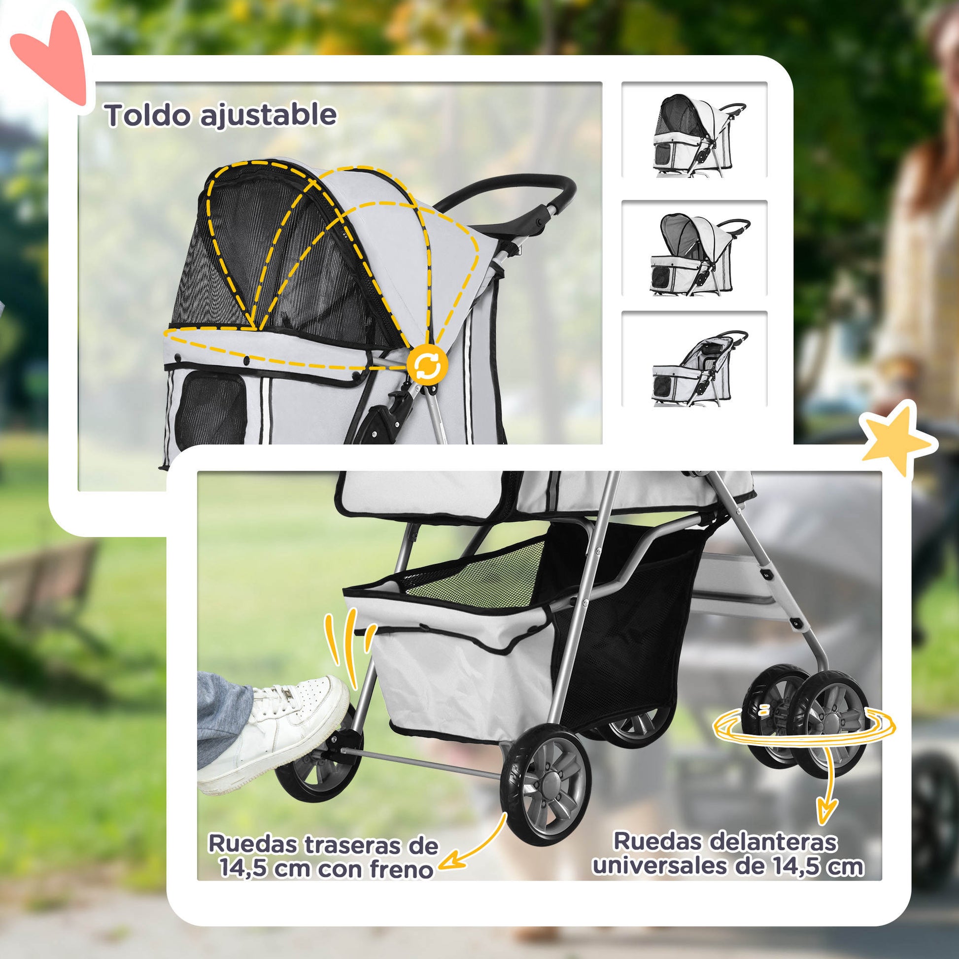 Pawhut Carrito Para Perros Plegable Con Toldo Ajustable 75x45x97 Cm Gris_5