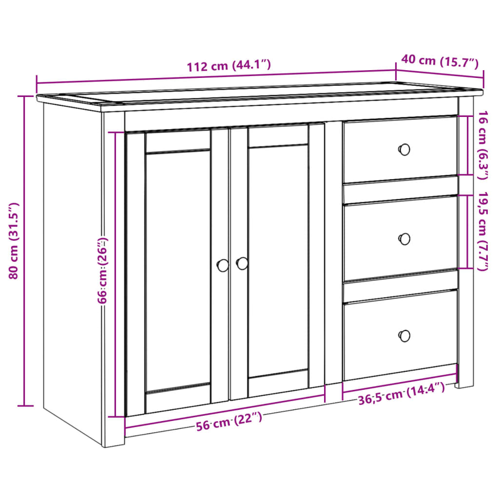 Aparador Con Cajones Panama Madera Maciza Pino 112x40x80 Cm / Vetonek_0