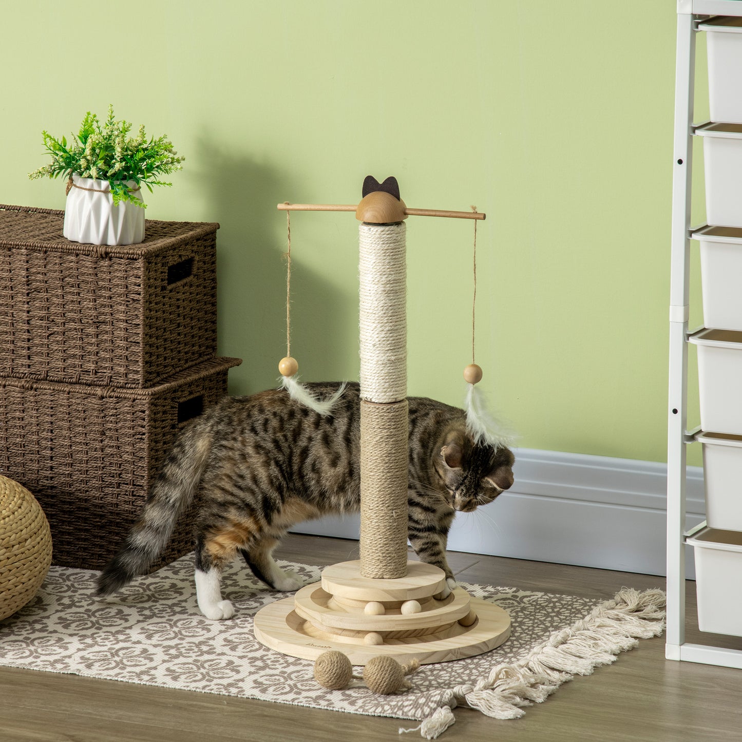 Pawhut Árbol Rascador Para Gatos De Madera 56 Cm Con Poste De Yute Y Sisal Bola_1