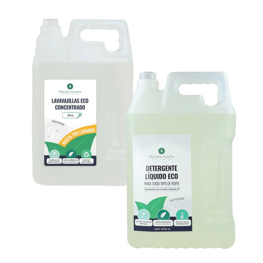 Pacote hipoalergénico sem fragrância ECO Planeta Huerto Máquina de lavar louça manual 5 litros + Detergente líquido para a roupa 5 litros