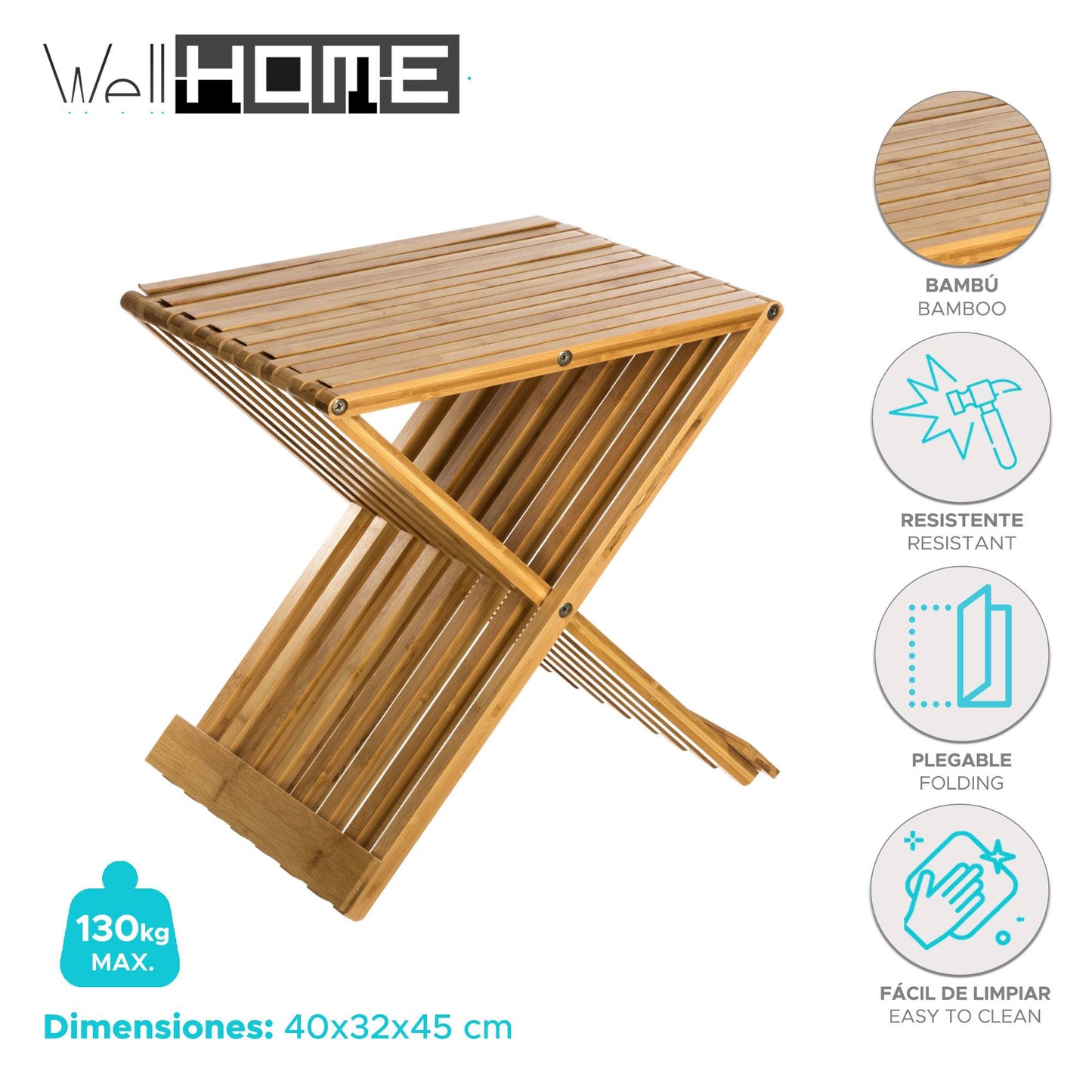 Well Home Silla - Taburete Plegable De Bambú 40x32x45cm_1