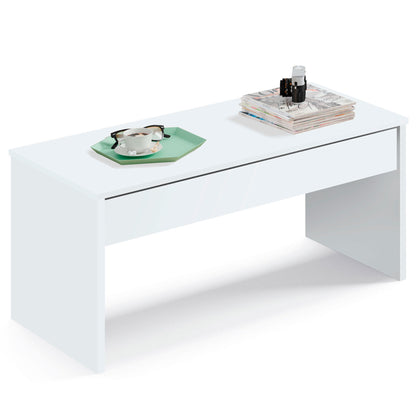 Mesa Centro Elevable, Comedor, Salón, Mesita Café Auxiliar Para Sofá, 47x100x50cm/58x100x50cm, Briebe, Opal, Blanco_1