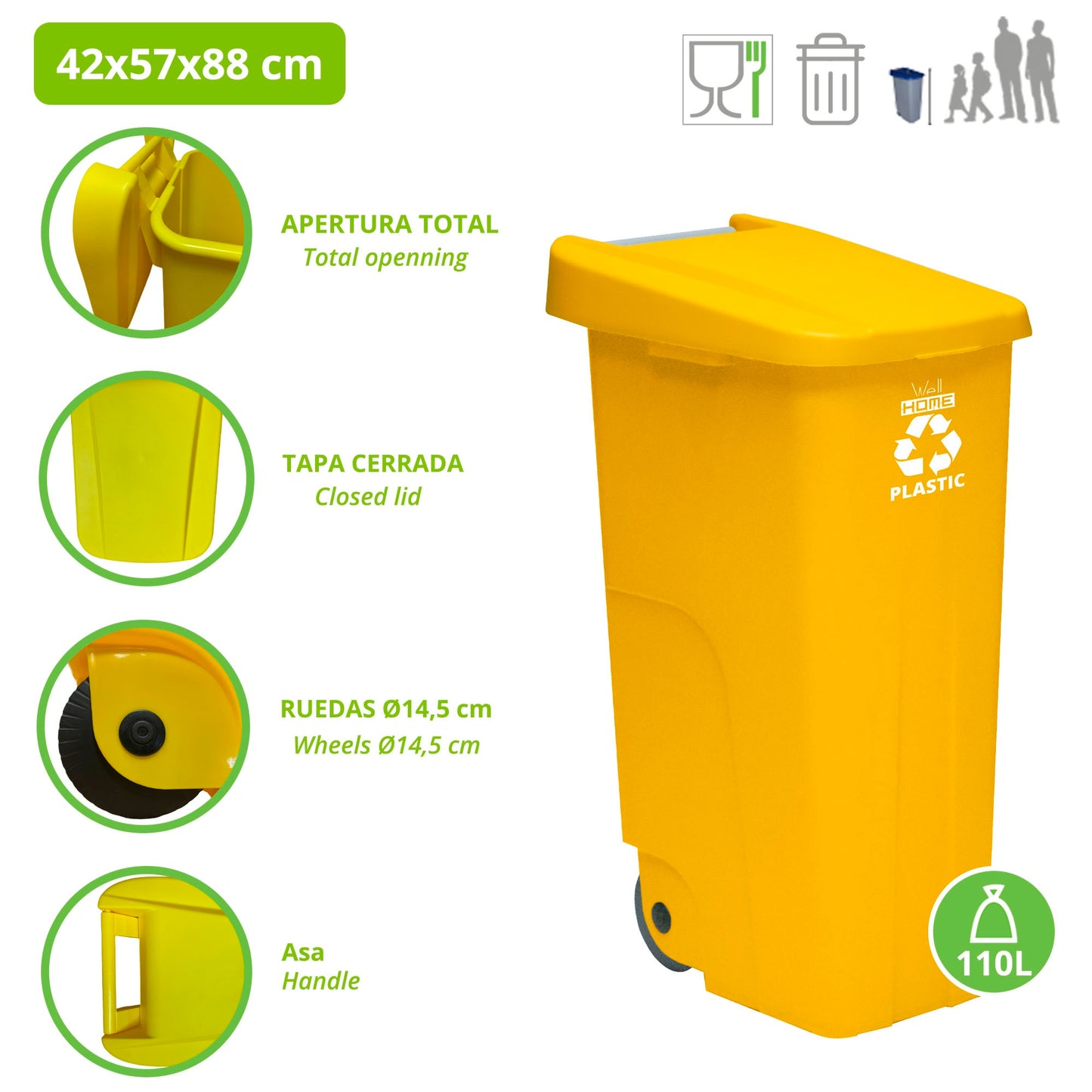 Contenedor - Cubo De Basura Wellhome Reciclo 110l, Color Amarilllo Cerrado Con Tapa, Ideal Para Reciclaje De Plásticos, Con Ruedas_1