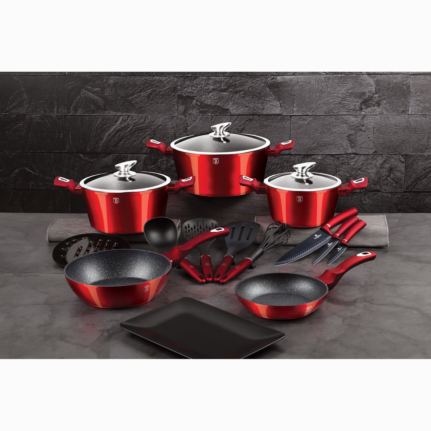 Batería Cocina Inducción 17 Piezas, Antiadherente Mármol Sin Pfoa, Aluminio, Cazuelas Sartenes Berlinger Haus Burgundy Rojo_1