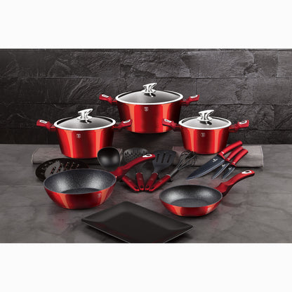 Batería Cocina Inducción 17 Piezas, Antiadherente Mármol Sin Pfoa, Aluminio, Cazuelas Sartenes Berlinger Haus Burgundy Rojo_1