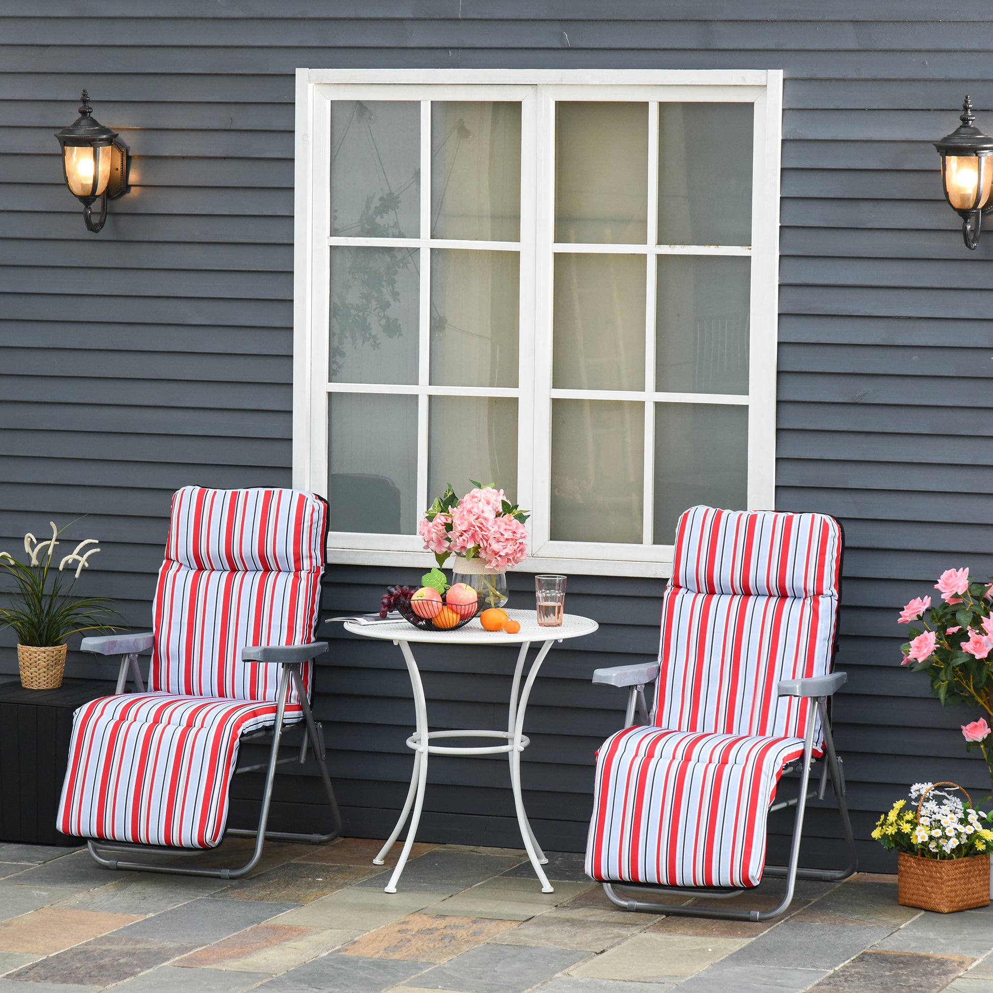 Outsunny 2 Tumbonas Plegables Con Respaldo Ajustable 60x75x65-102 Cm Rayas Rojo_1