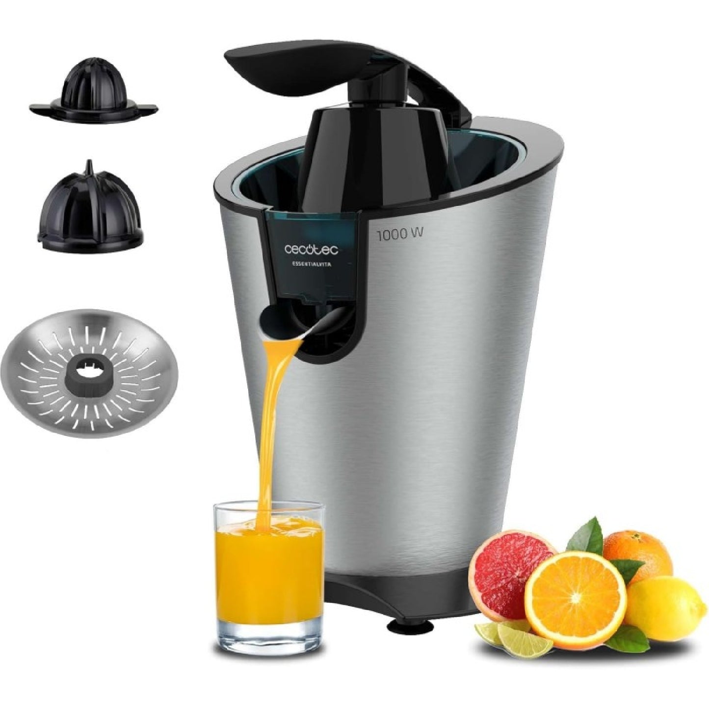 Cecotec Exprimidor Eléctrico De Brazo Para Naranjas Essentialvita Powerfresh 1000 Inox. 1000w, Filtro Inoxidable, Conos Desmonta_0
