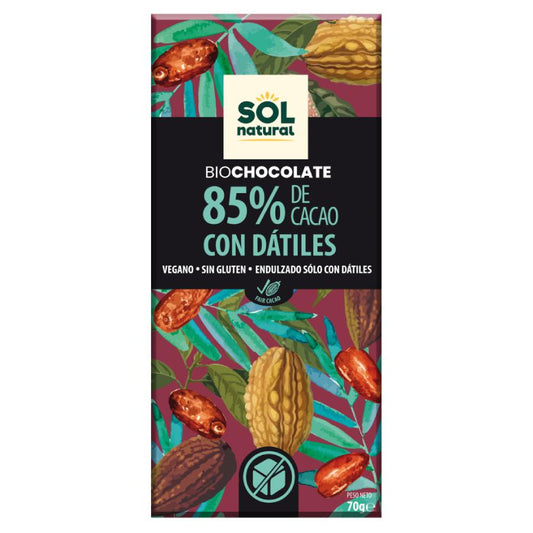 Barra de Chocolate Vegan 85% Cacau e Tâmaras Orgânicas Sol Natural 70 g
