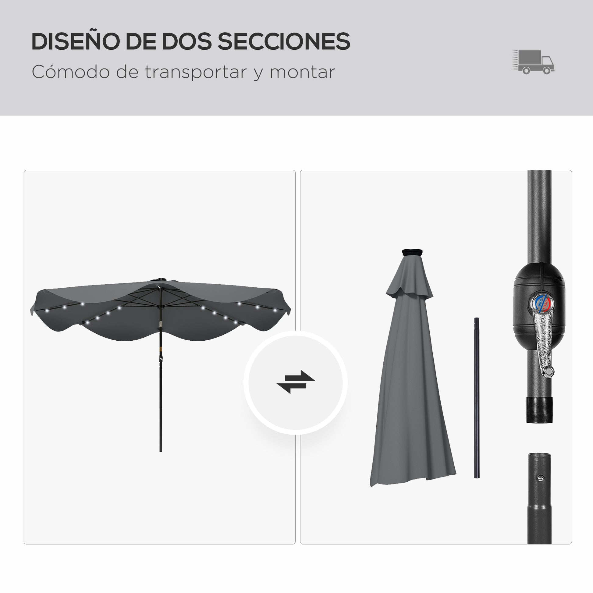 Outsunny Sombrilla De Jardín Ø292x254 Cm Con 32 Luces Led Solares Gris Oscuro_3