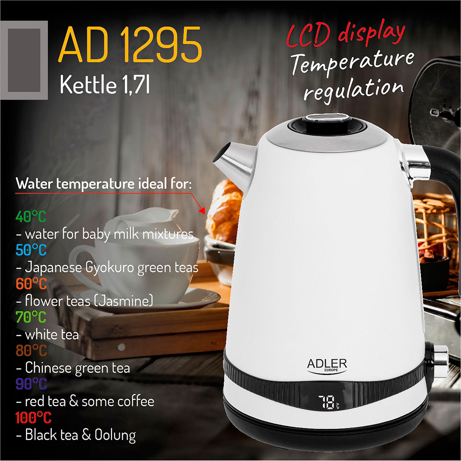 Hervidor Agua Eléctrico, Capacidad 1,7l, Sin Bpa, Control Temperatura, Acero Inox, Inalámbrico Adler Ad1295, 2200w_4