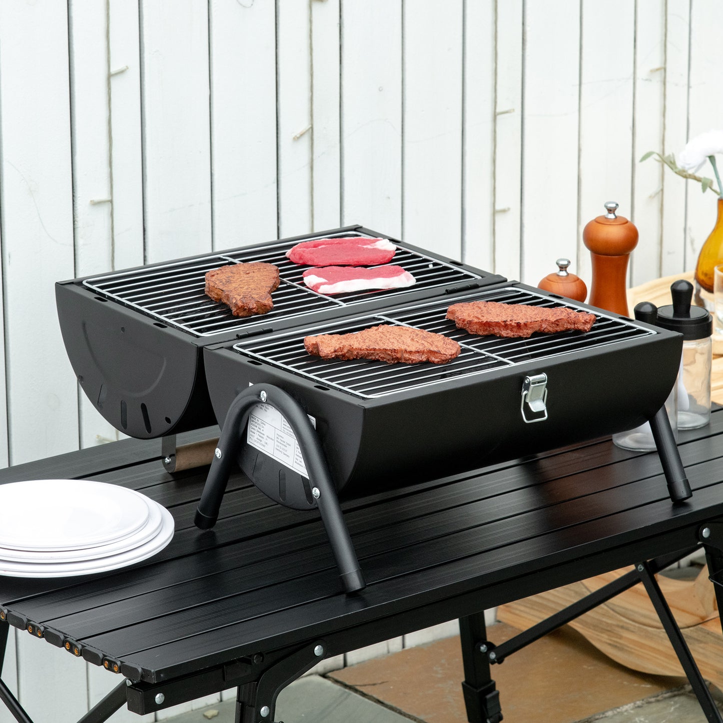 Outsunny Barbacoa De Carbón Portátil Con 2 Parrillas Asa Cierre 42x26x42cm Negro_1