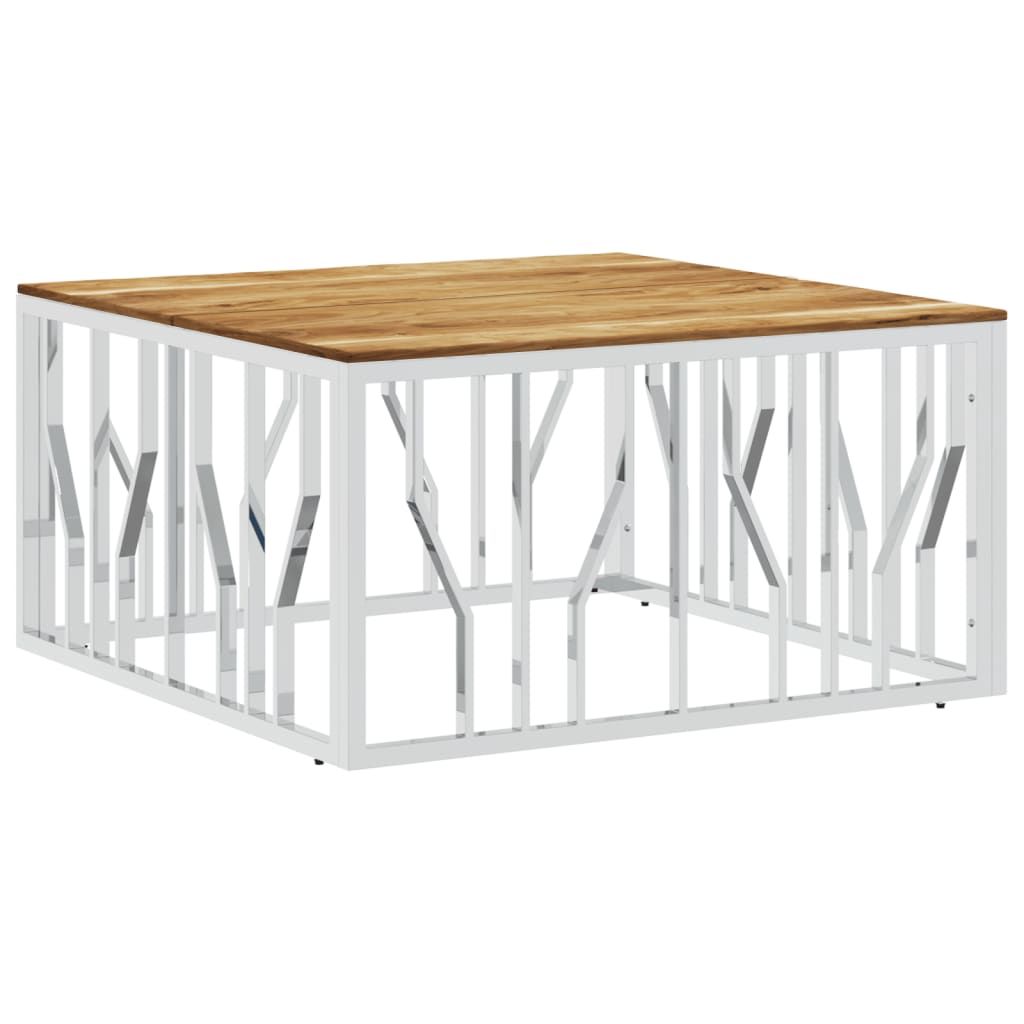 Mesa De Centro Acero Inoxidable Y Madera Maciza Acacia Plateada_0