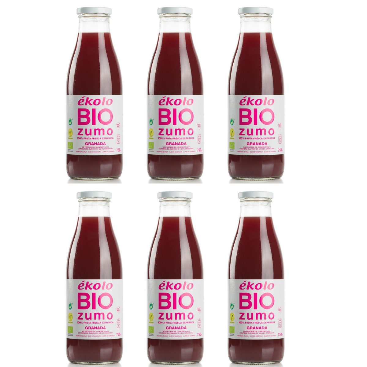 Embalagem de 6 sumos de romã biológicos 100% espremidos na hora, ékolo, 750 ml