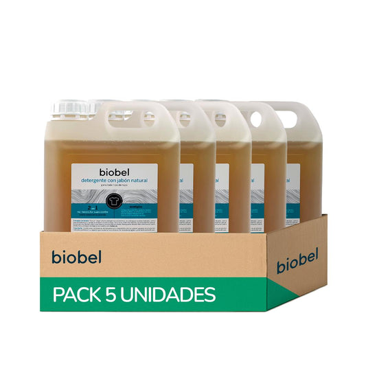 Embalagem com 5 unidades de detergente líquido BioBel 5 litros