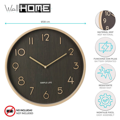 Well Home Reloj De Pared De Madera Aspecto Moderno Color Marrón Oscuro Ø38x5 Cm_1