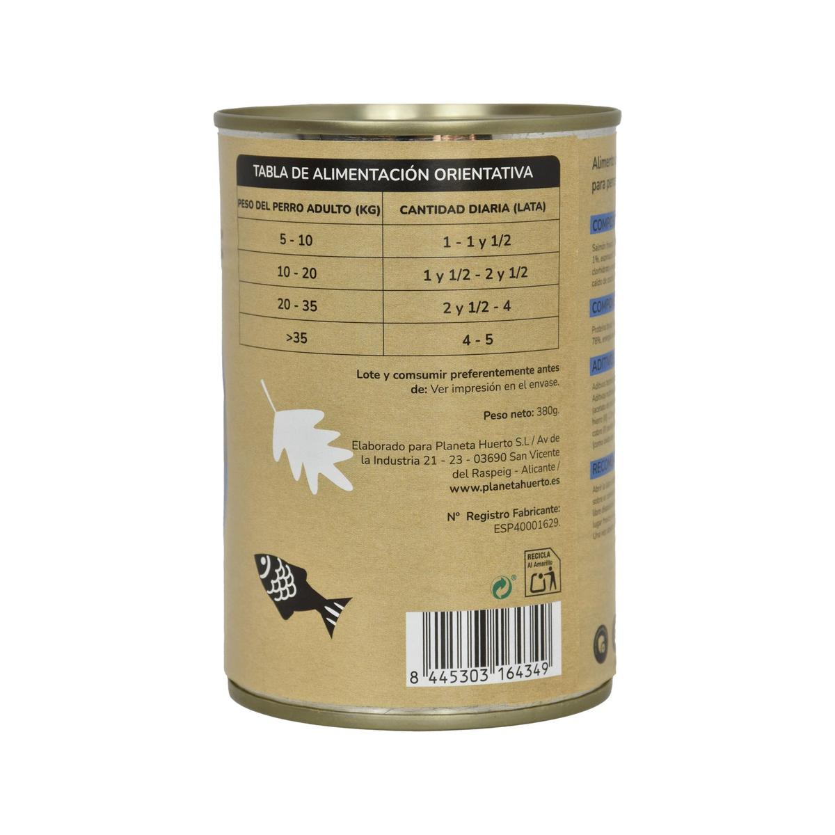 Embalagem de 6 rações húmidas superpremium sem cereais para cães, salmão, Planeta Huerto, 380 g
