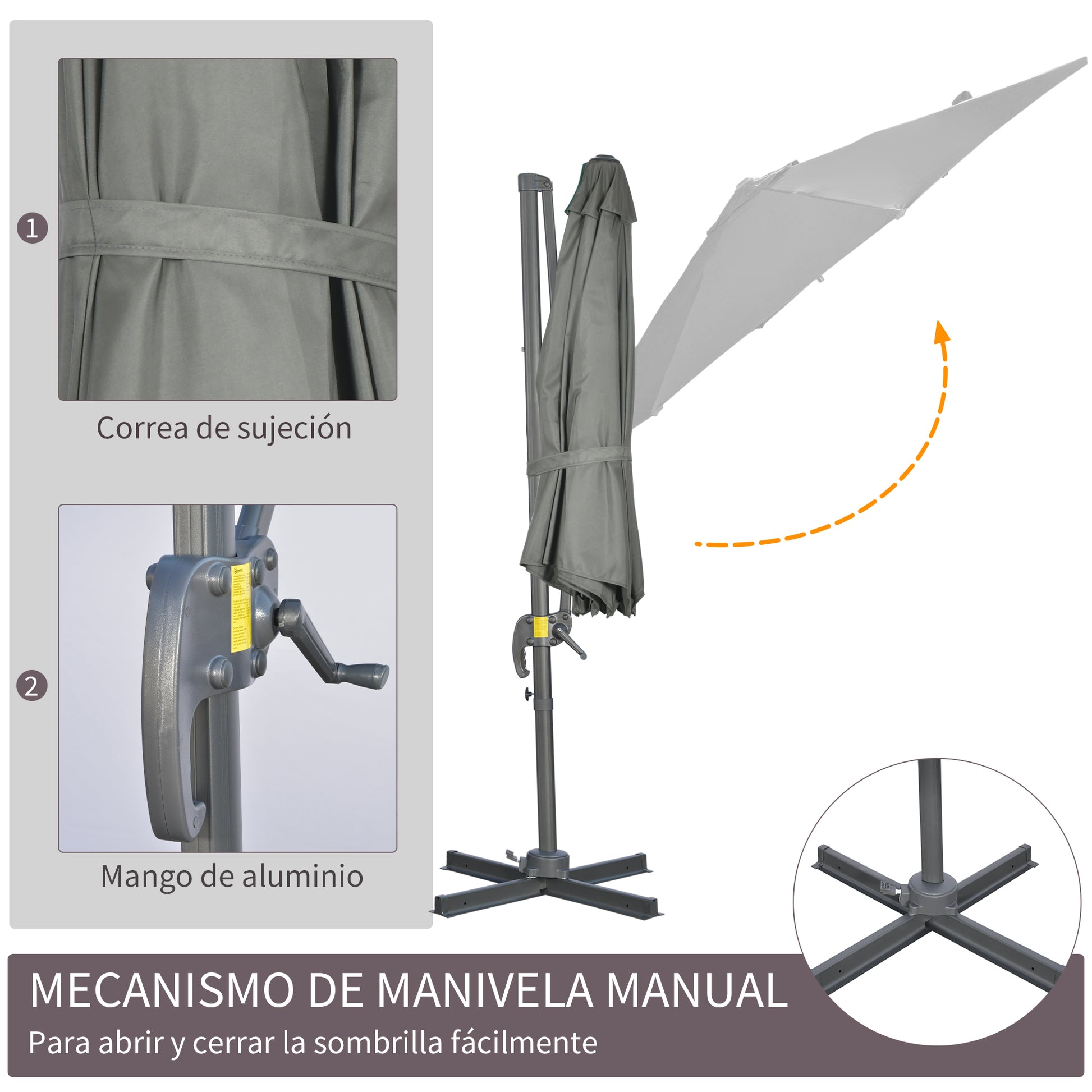 Outsunny Sombrilla De Jardín De Aluminio Ø300x250 Cm Con Manivela Gris_5