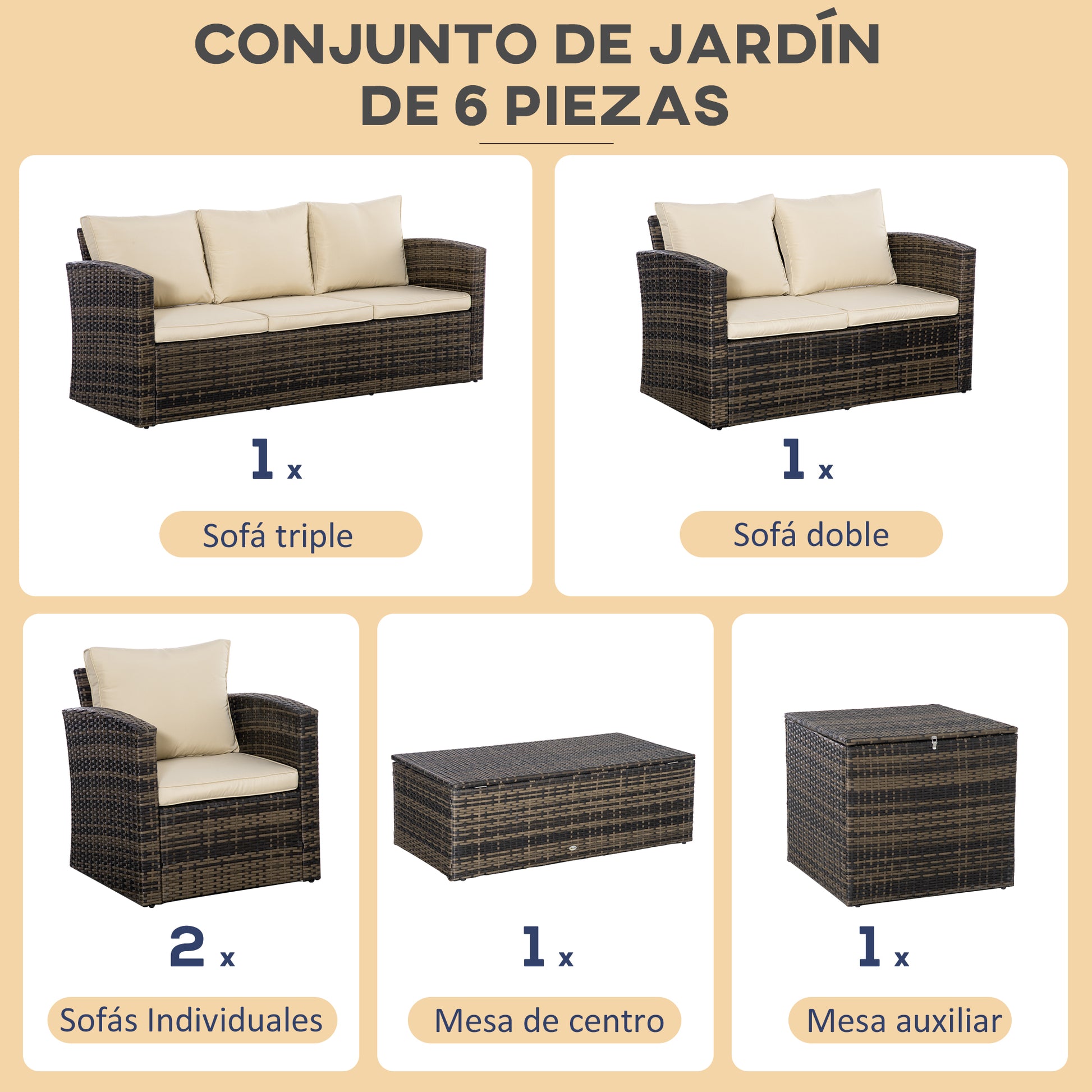 Outsunny Conjunto De Muebles Jardín De Ratán 6 Piezas Con Almacenaje Y Cojines_5