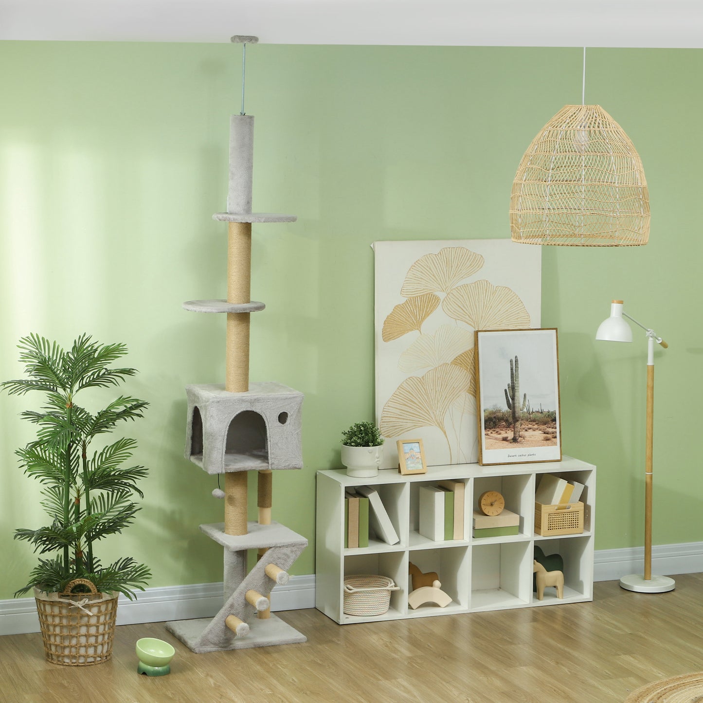 Pawhut Árbol Para Gatos De Suelo A Techo De 225-255 Cm Con Escalera Gris Claro_1