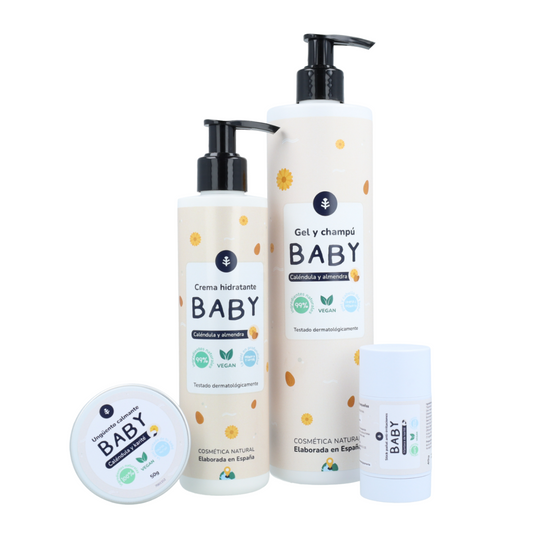 Pacote de Boas-Vindas para Bebé: gel e champô, creme de corpo, pomada calmante e protetor de fraldas Planeta Huerto